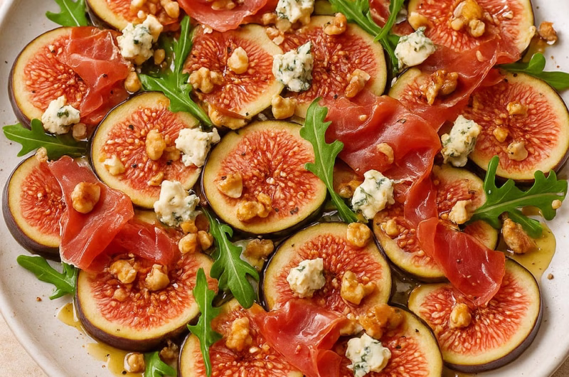 Carpaccio de higos con jamón serrano, miel, nueces y queso azul