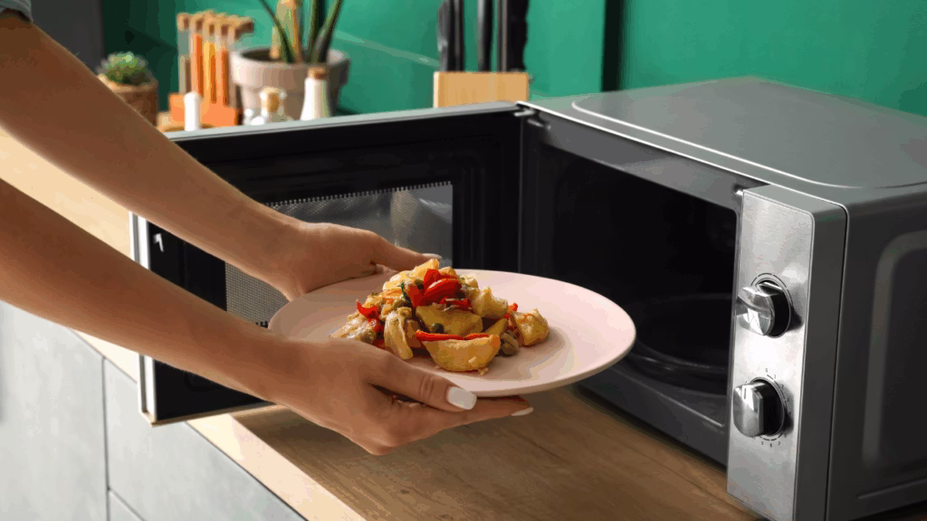 Microondas calentando un plato preparado, rápido, saludable y listo para disfrutar

