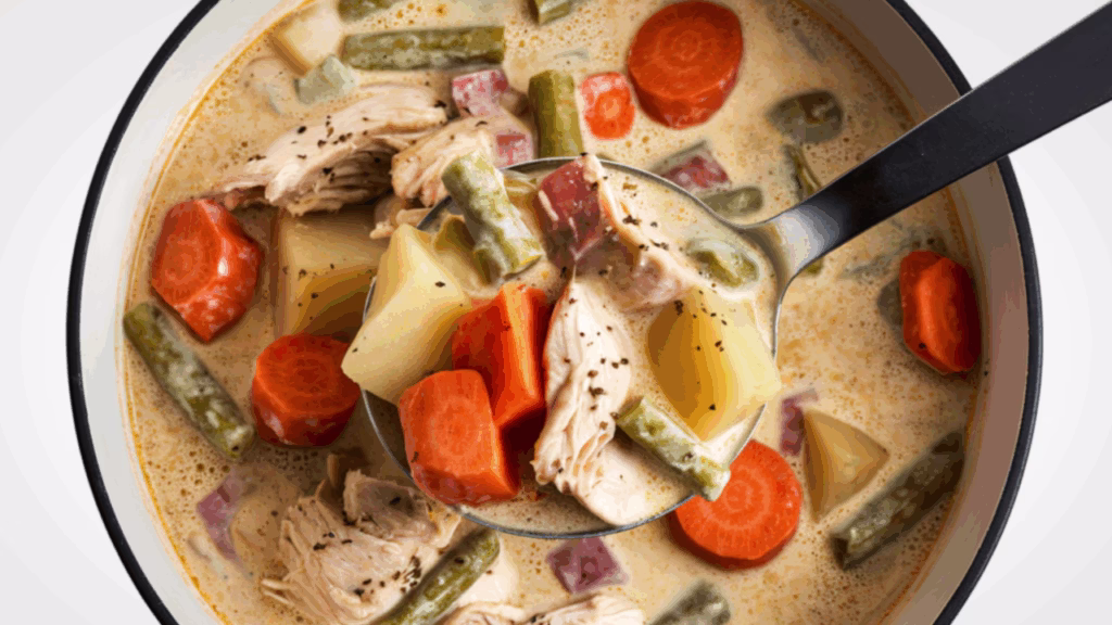 Guiso caliente en un cuenco con cuchara, nutritivo y reconfortante para aportar calor interno