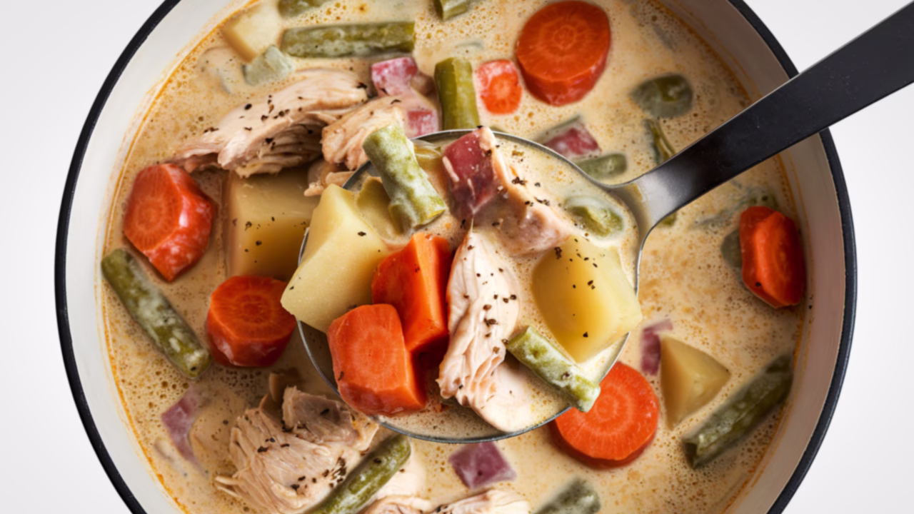 Guiso caliente en un cuenco con cuchara, nutritivo y reconfortante para aportar calor interno