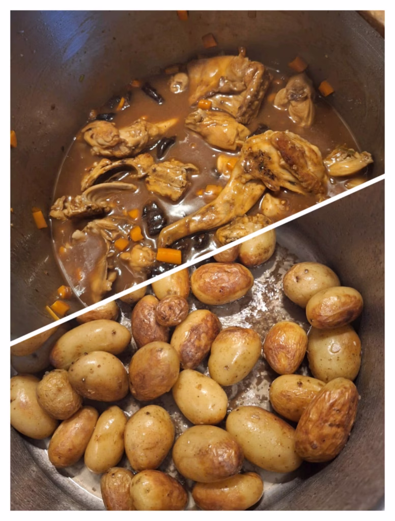 Plato preparado de conejo con ciruelas, receta casera y tradicional lista para servir