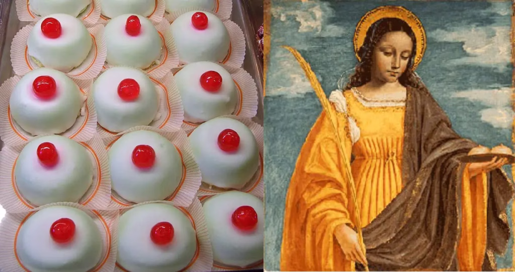 Dulces tradicionales Minne di Sant’Agata en forma de cúpula blanca con una guinda, repostería siciliana.