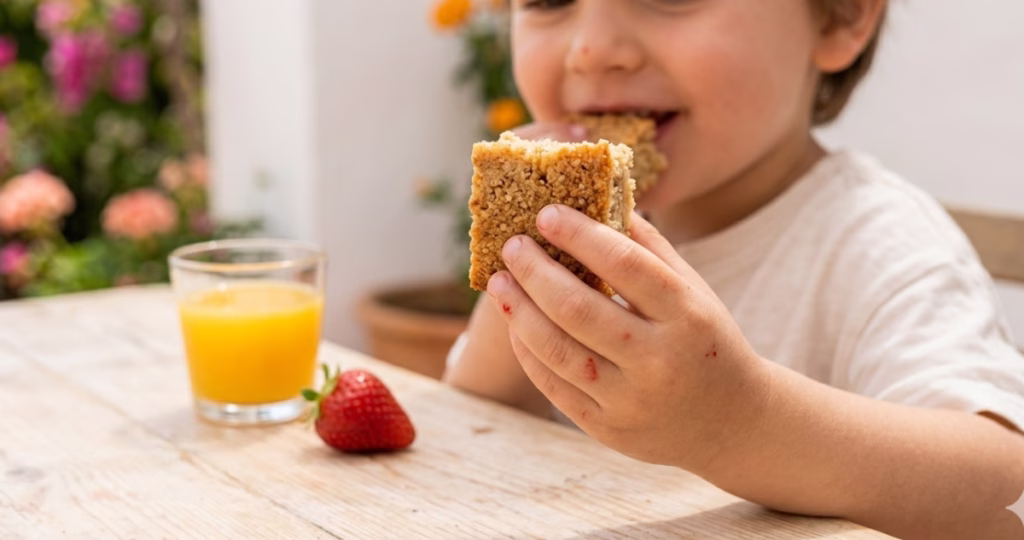 Mano de niño sujetando una porción de bizcocho casero sin azúcar ni harina de El Epicúreo en un patio andaluz.