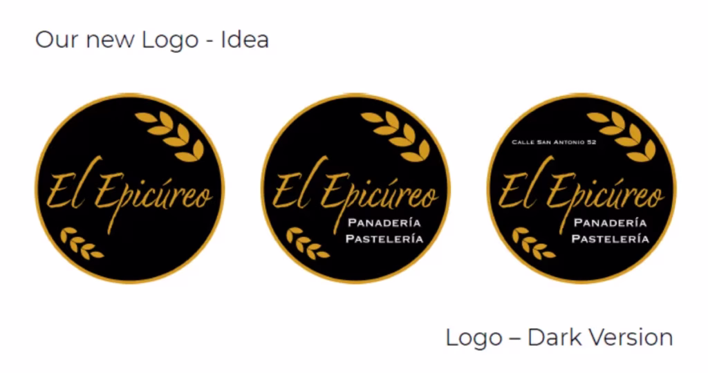 Tres variaciones de la versión oscura del nuevo logotipo diseñado para El Epicúreo con espigas de trigo y letras doradas.