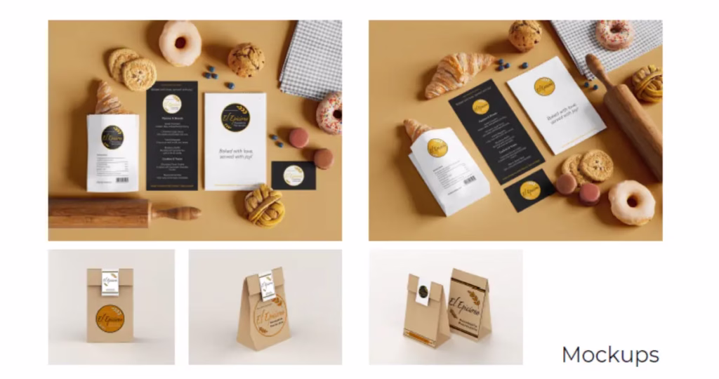 Muestras de maquetas de marca que incluyen bolsas de papel, menús y tarjetas de presentación para la panadería El Epicúreo.