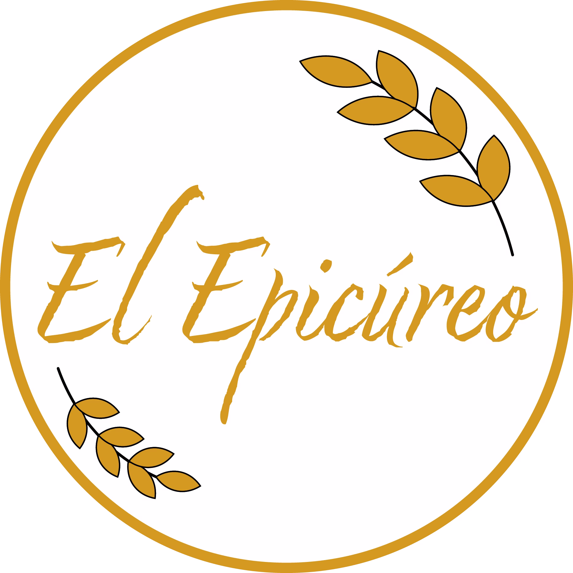 Logo circular de El Epicúreo con letras en cursiva doradas y espigas de trigo sobre un fondo blanco con borde dorado.