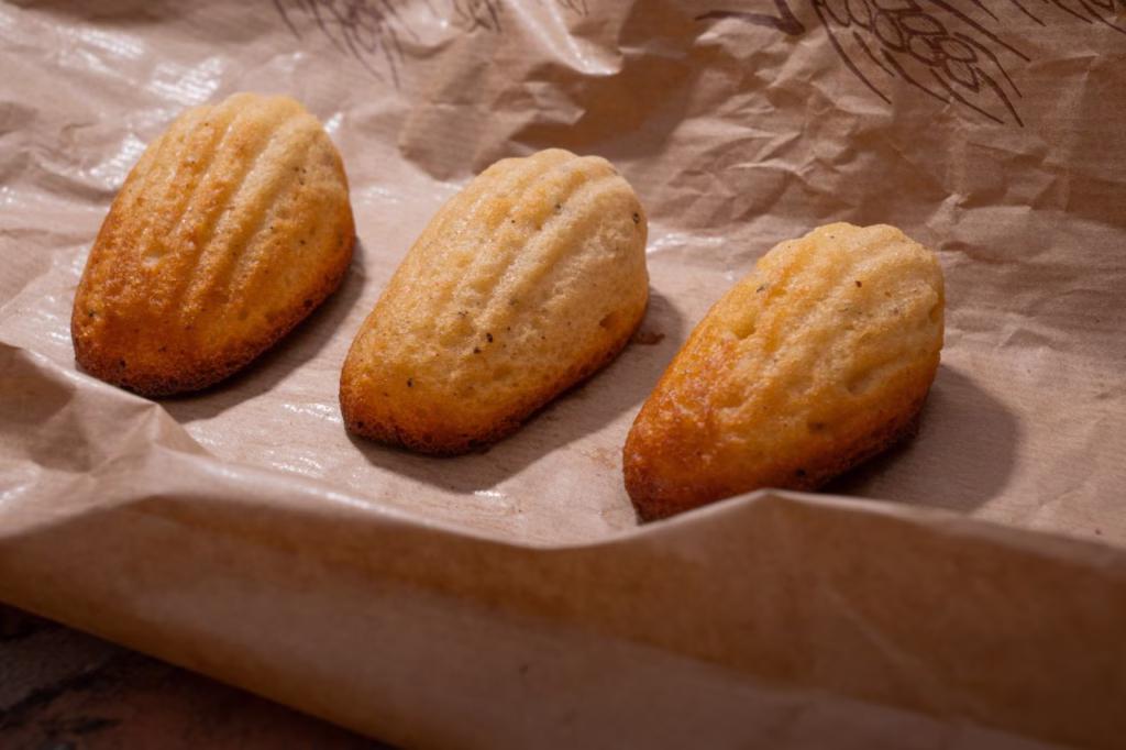 Tres magdalenas artesanales recién horneadas sobre papel de panadería para la merienda de la vuelta al cole.